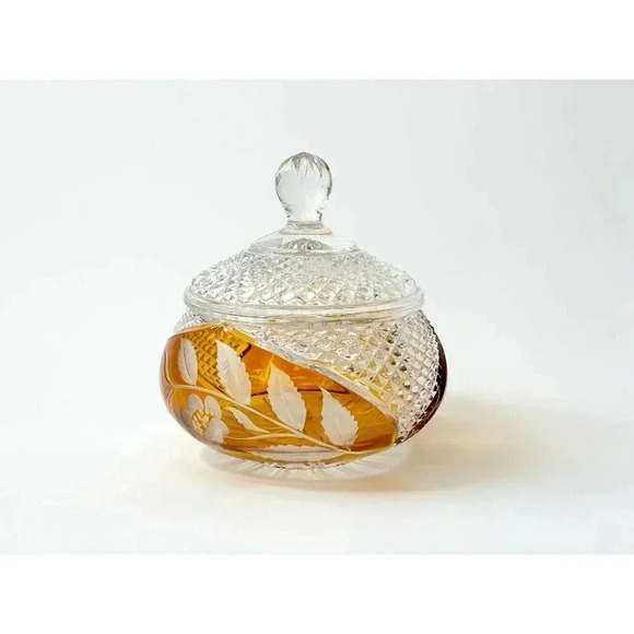 Julia Vintage Crystal Factory Diamond Cut Glass Swan & Foliage Polish Made Jar